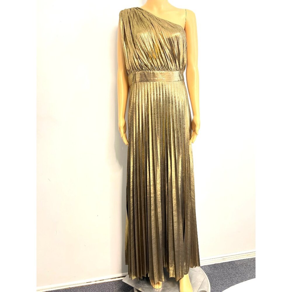 Metallic One-Shoulder Pleated Dress Prom Evening Gown Womens Party Wear Size L